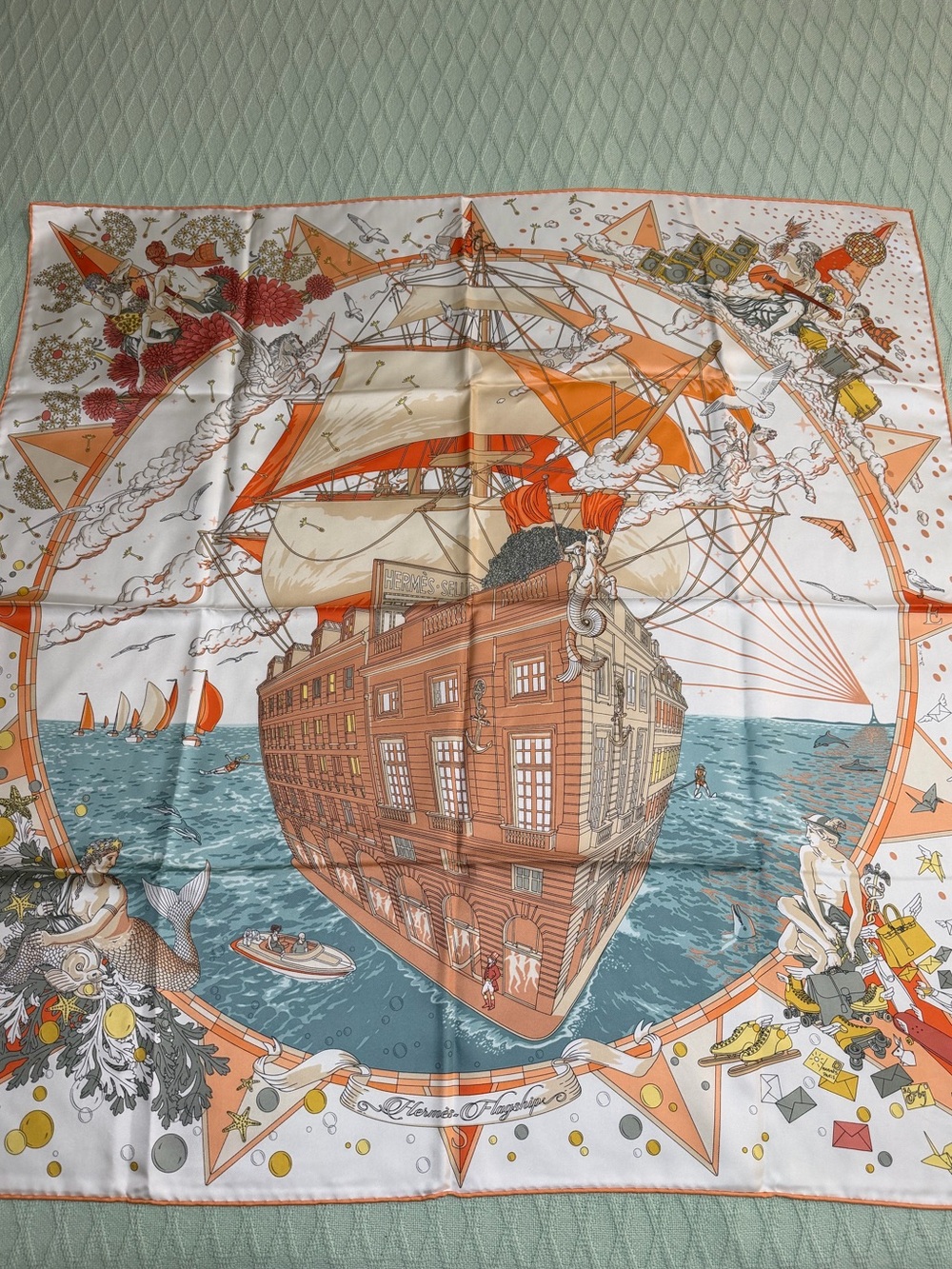 Hermes Sailship & Seaside Illustrated Silk Scarf in Orange & Teal
90x90
